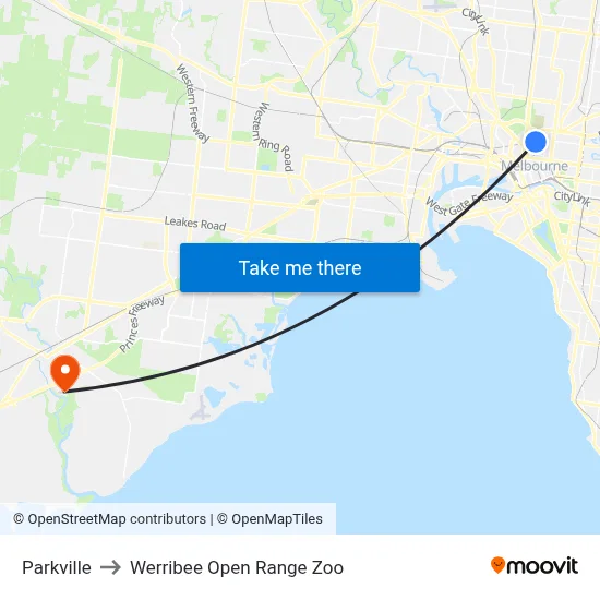 Parkville to Werribee Open Range Zoo map