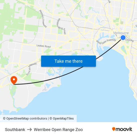 Southbank to Werribee Open Range Zoo map