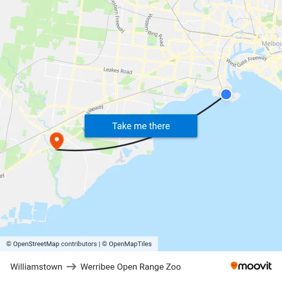 Williamstown to Werribee Open Range Zoo map