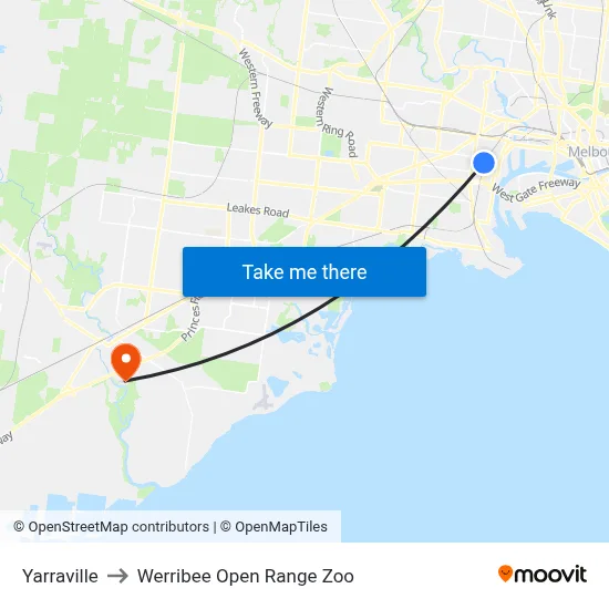 Yarraville to Werribee Open Range Zoo map