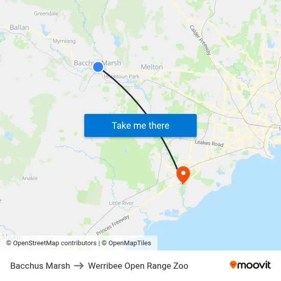 Bacchus Marsh to Werribee Open Range Zoo map