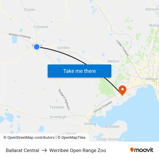 Ballarat Central to Werribee Open Range Zoo map