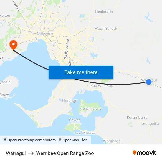 Warragul to Werribee Open Range Zoo map