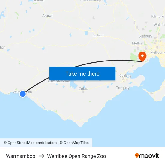 Warrnambool to Werribee Open Range Zoo map