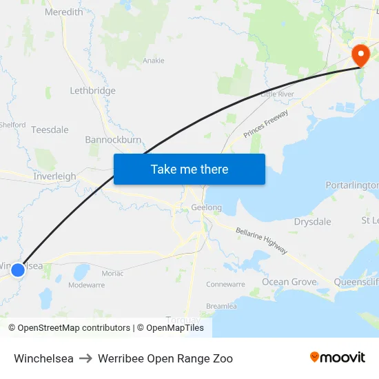 Winchelsea to Werribee Open Range Zoo map