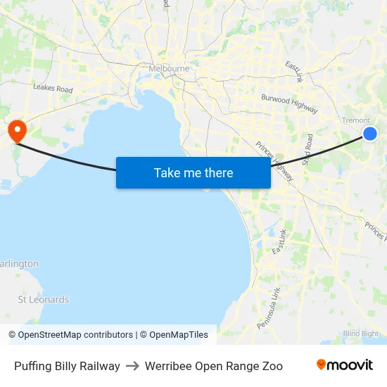 Puffing Billy Railway to Werribee Open Range Zoo map