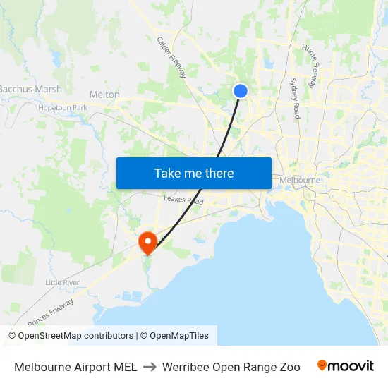 Melbourne Airport MEL to Werribee Open Range Zoo map