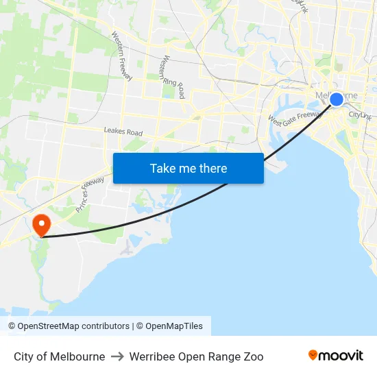 City of Melbourne to Werribee Open Range Zoo map