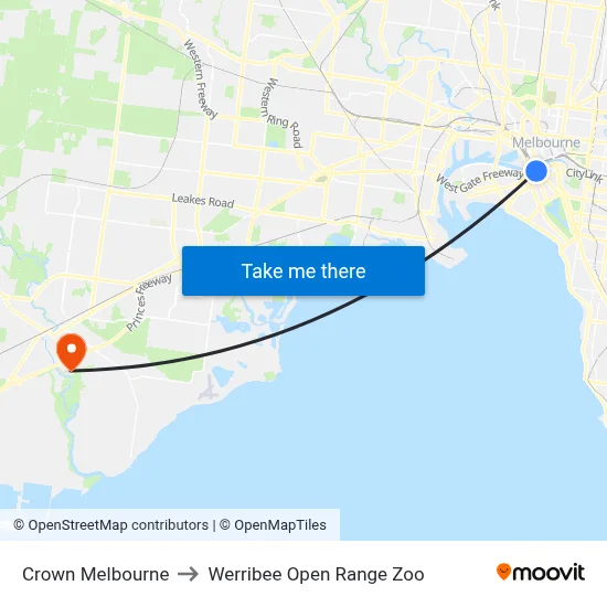 Crown Melbourne to Werribee Open Range Zoo map