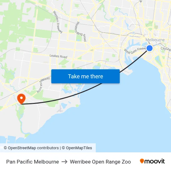 Pan Pacific Melbourne to Werribee Open Range Zoo map