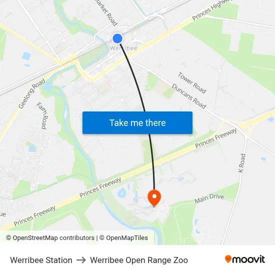 Werribee Station to Werribee Open Range Zoo map
