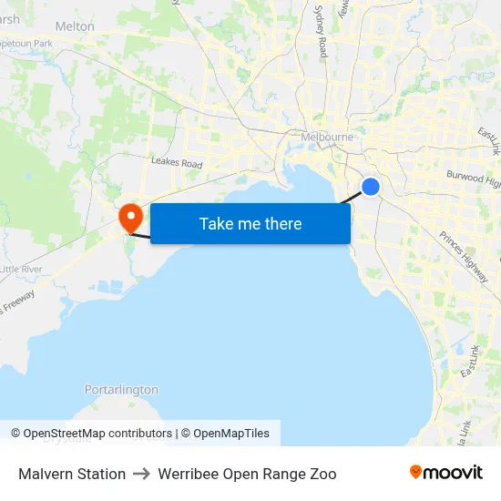 Malvern Station to Werribee Open Range Zoo map
