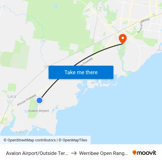 Avalon Airport/Outside Terminal to Werribee Open Range Zoo map