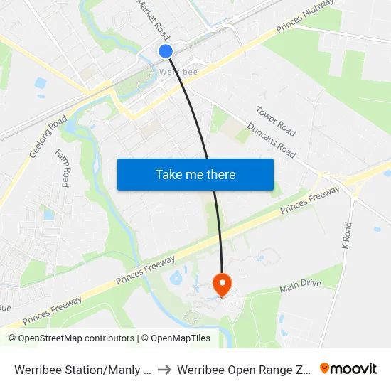 Werribee Station/Manly St to Werribee Open Range Zoo map