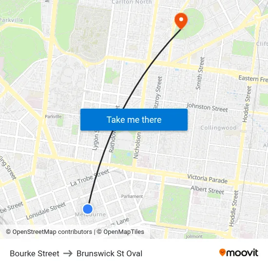Bourke Street to Brunswick St Oval map