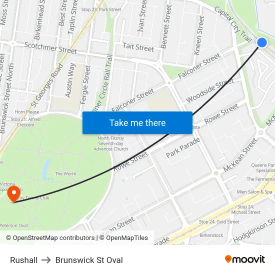 Rushall to Brunswick St Oval map