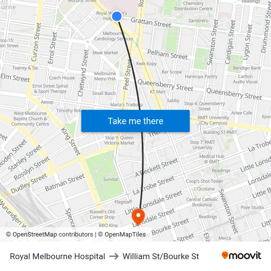Royal Melbourne Hospital to William St/Bourke St map