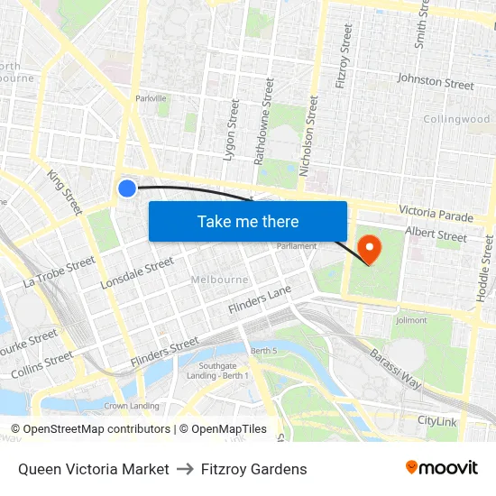Queen Victoria Market to Fitzroy Gardens map