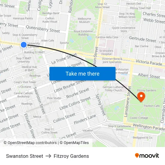 Swanston Street to Fitzroy Gardens map