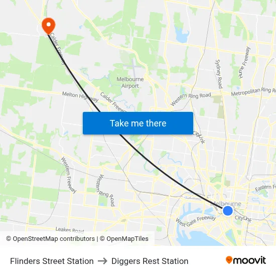 Flinders Street Station to Diggers Rest Station map