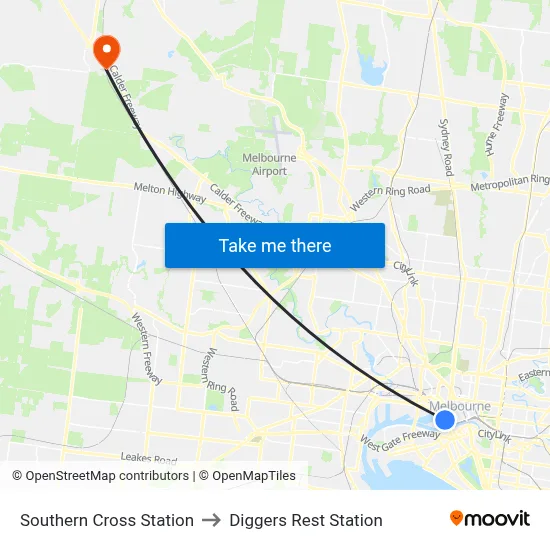 Southern Cross Station to Diggers Rest Station map