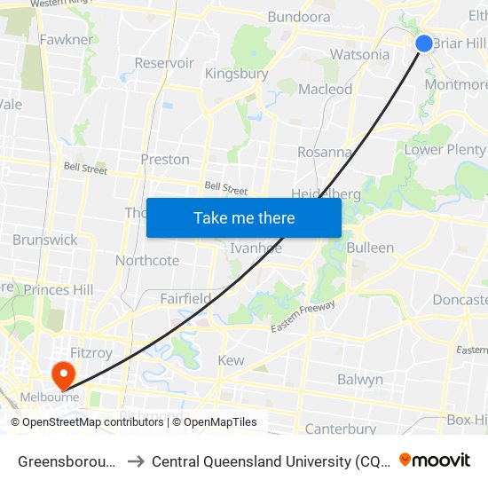 Greensborough to Central Queensland University (CQU) map