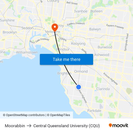 Moorabbin to Central Queensland University (CQU) map