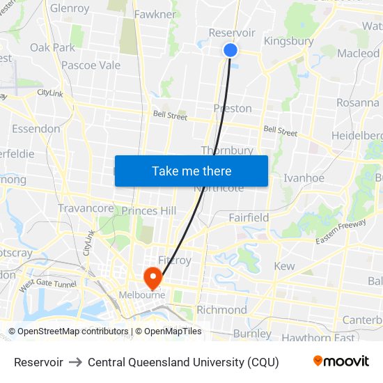 Reservoir to Central Queensland University (CQU) map