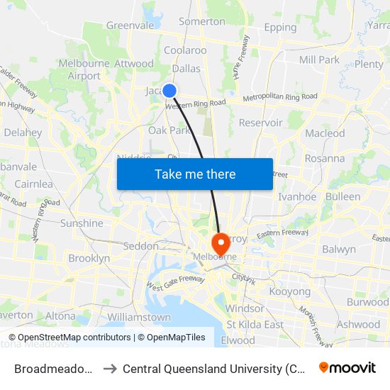 Broadmeadows to Central Queensland University (CQU) map