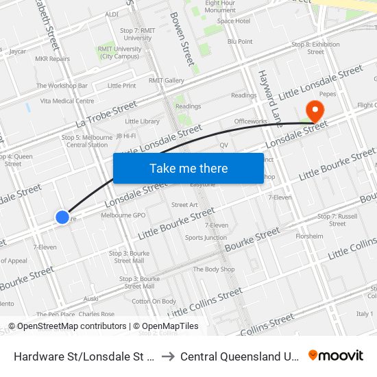 Hardware St/Lonsdale St (Melbourne City) to Central Queensland University (CQU) map