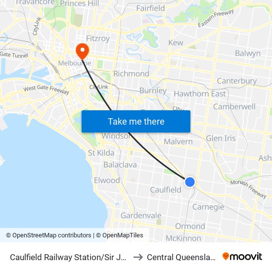 Caulfield Railway Station/Sir John Monash Dr (Caulfield East) to Central Queensland University (CQU) map