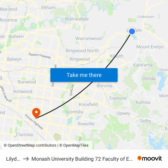 Lilydale to Monash University Building 72 Faculty of Engineering map