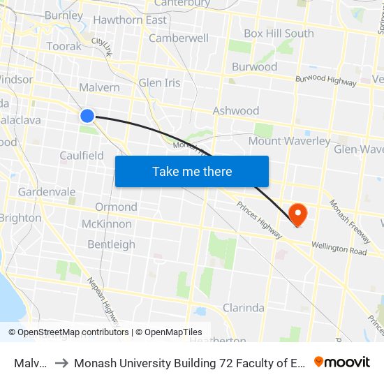 Malvern to Monash University Building 72 Faculty of Engineering map