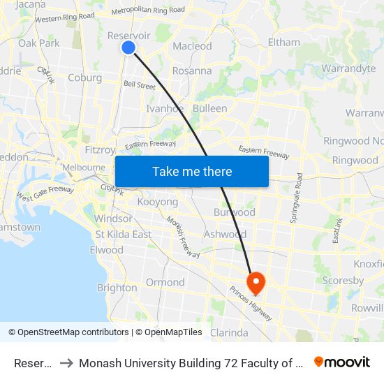 Reservoir to Monash University Building 72 Faculty of Engineering map