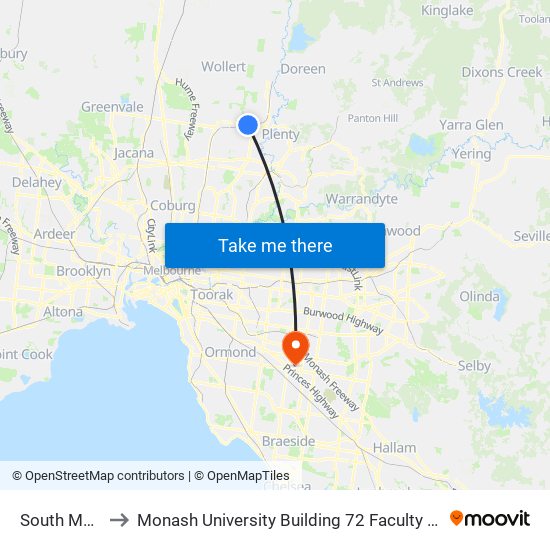 South Morang to Monash University Building 72 Faculty of Engineering map