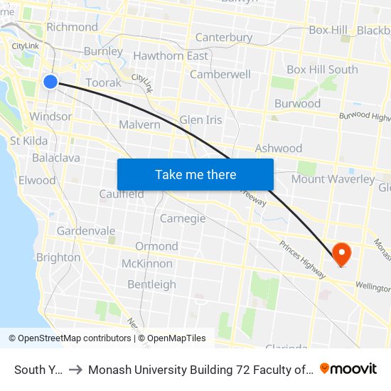 South Yarra to Monash University Building 72 Faculty of Engineering map