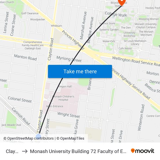 Clayton to Monash University Building 72 Faculty of Engineering map