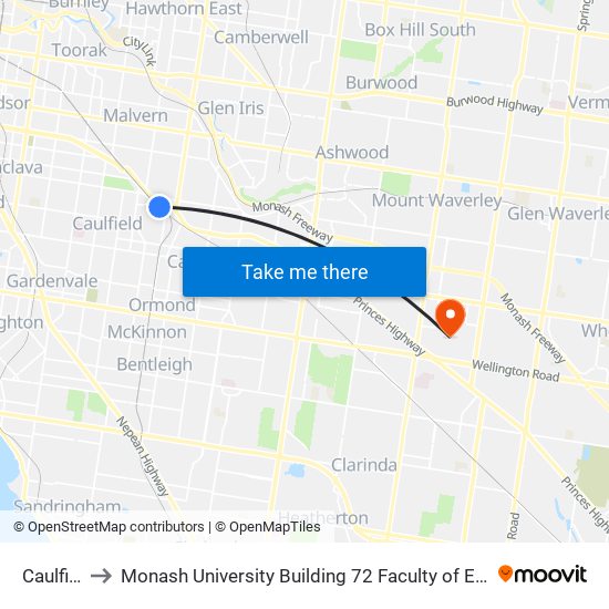 Caulfield to Monash University Building 72 Faculty of Engineering map