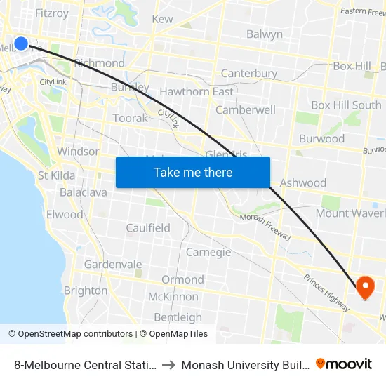Melbourne Central Station/Swanston St #8 to Monash University Building 72 Faculty of Engineering map