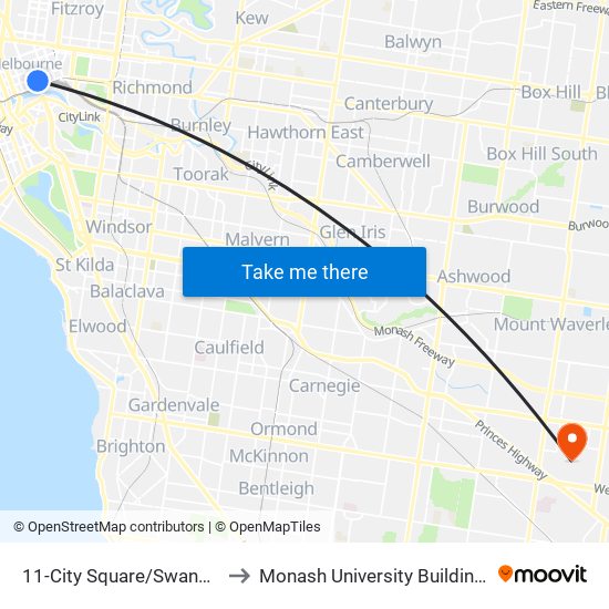 11-City Square/Swanston St (Melbourne City) to Monash University Building 72 Faculty of Engineering map