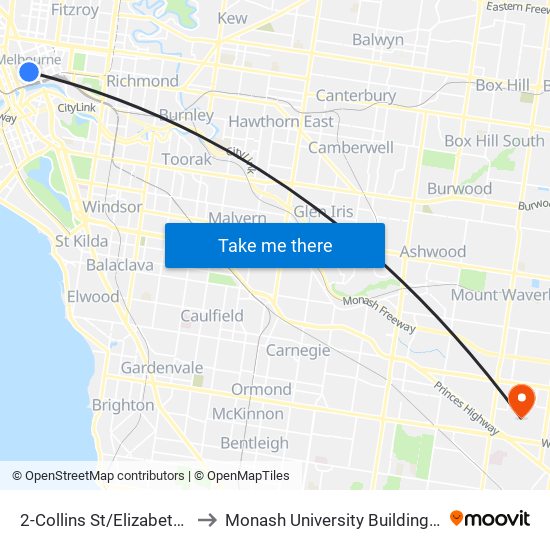 2-Collins St/Elizabeth St (Melbourne City) to Monash University Building 72 Faculty of Engineering map