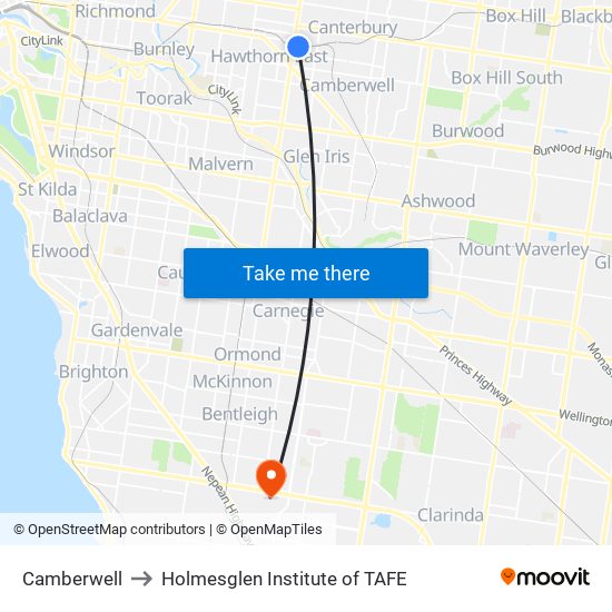 Camberwell to Holmesglen Institute of TAFE map