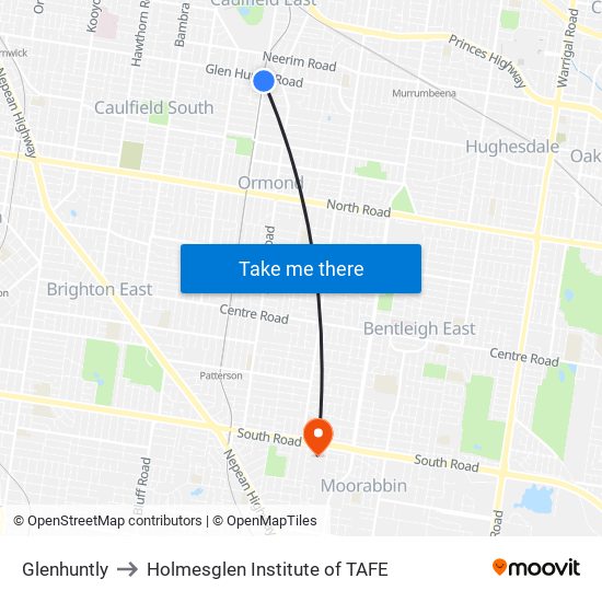 Glenhuntly to Holmesglen Institute of TAFE map