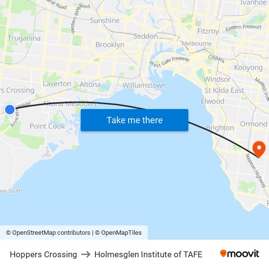 Hoppers Crossing to Holmesglen Institute of TAFE map