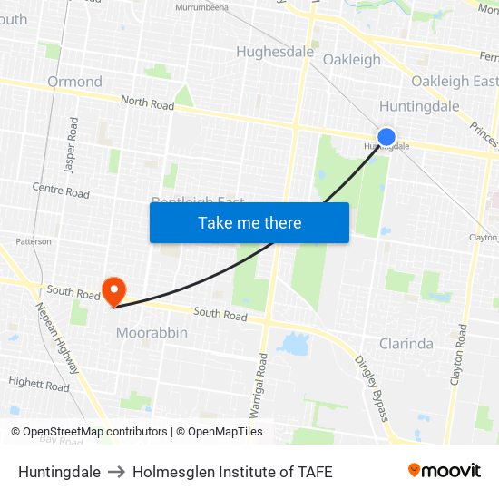 Huntingdale to Holmesglen Institute of TAFE map