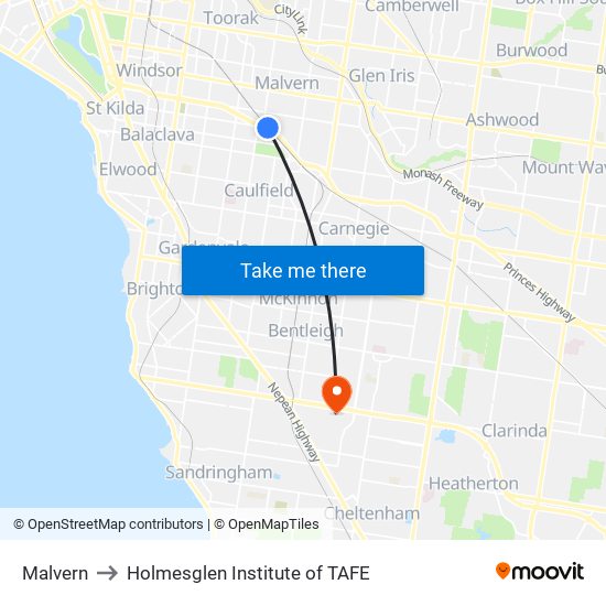 Malvern to Holmesglen Institute of TAFE map