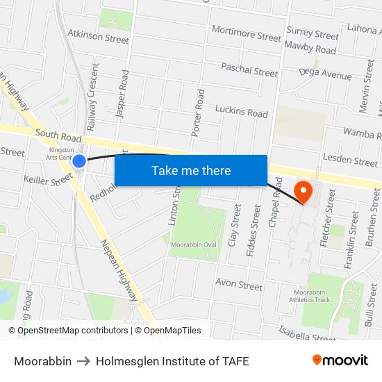 Moorabbin to Holmesglen Institute of TAFE map