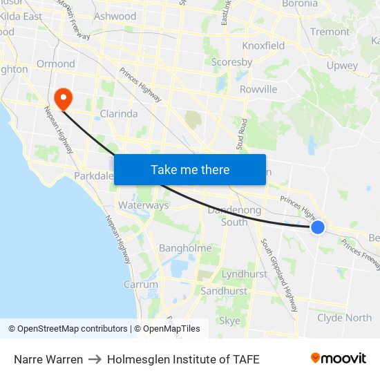 Narre Warren to Holmesglen Institute of TAFE map