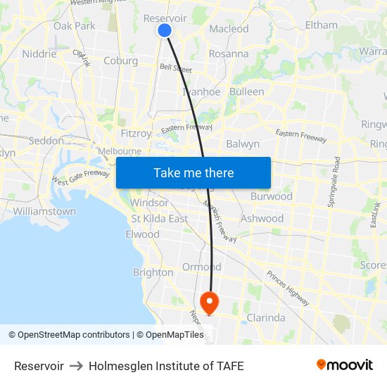 Reservoir to Holmesglen Institute of TAFE map