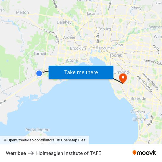 Werribee to Holmesglen Institute of TAFE map